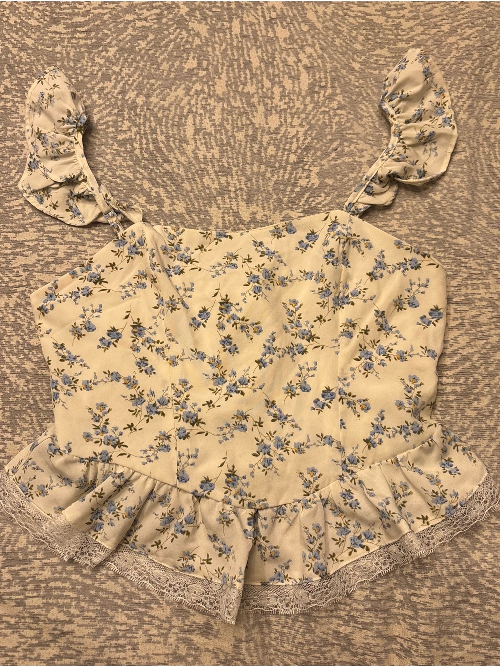 SHEIN Cream Floral Ruffle Lace-Trim Camisole with Blue Blossoms